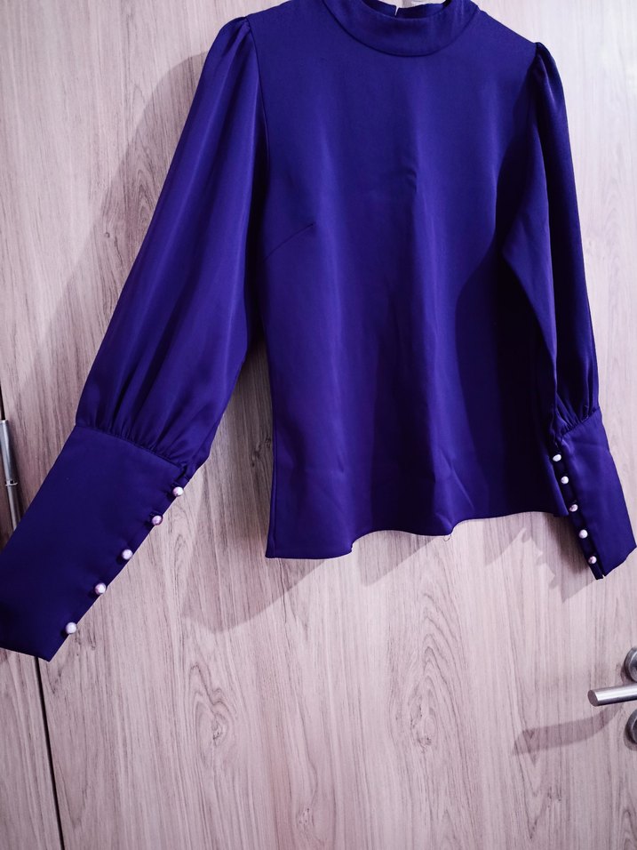 Koyu Mor Uzun Kollu Yüksek Yakalı Kadın Bluz - Görsel 2