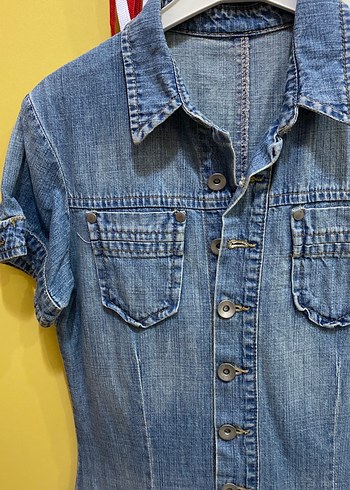 Düğmeli Kısa Kollu Kadın Denim Tulum - Görsel 2