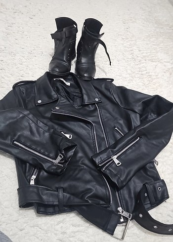 Diğer Sehir Stiline Uygun Siyah Deri Biker Ceket Bot Seti