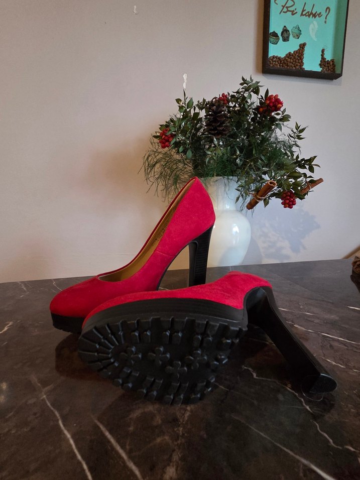 Kırmızı Süet Platform Topuklu Stiletto - Görsel 3