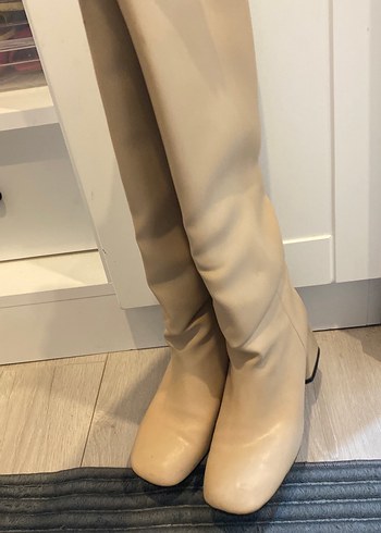 Bej Deri Kadın Dizüstü Topuklu Çizme - Görsel 2