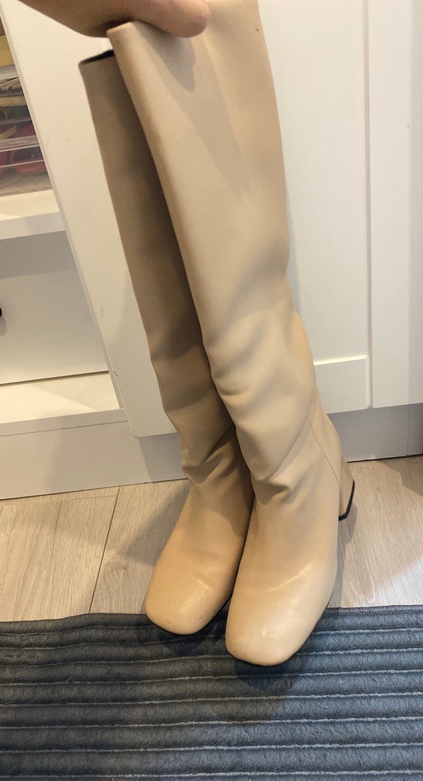 Bej Deri Kadın Dizüstü Topuklu Çizme - Görsel 2