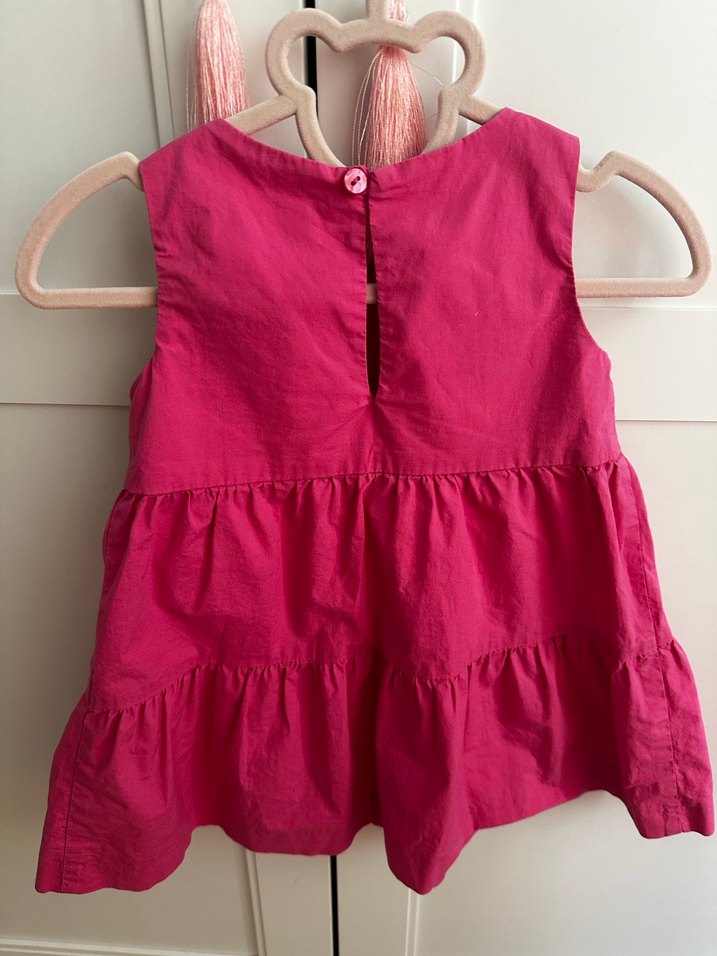 Kız Çocuk Pembe Keten Fırfırlı Elbise - Görsel 3