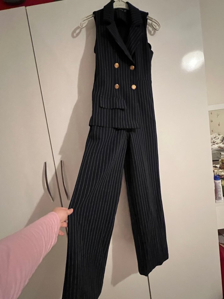 Lacivert Çizgili Uzun Kadın Tulum - Görsel 2