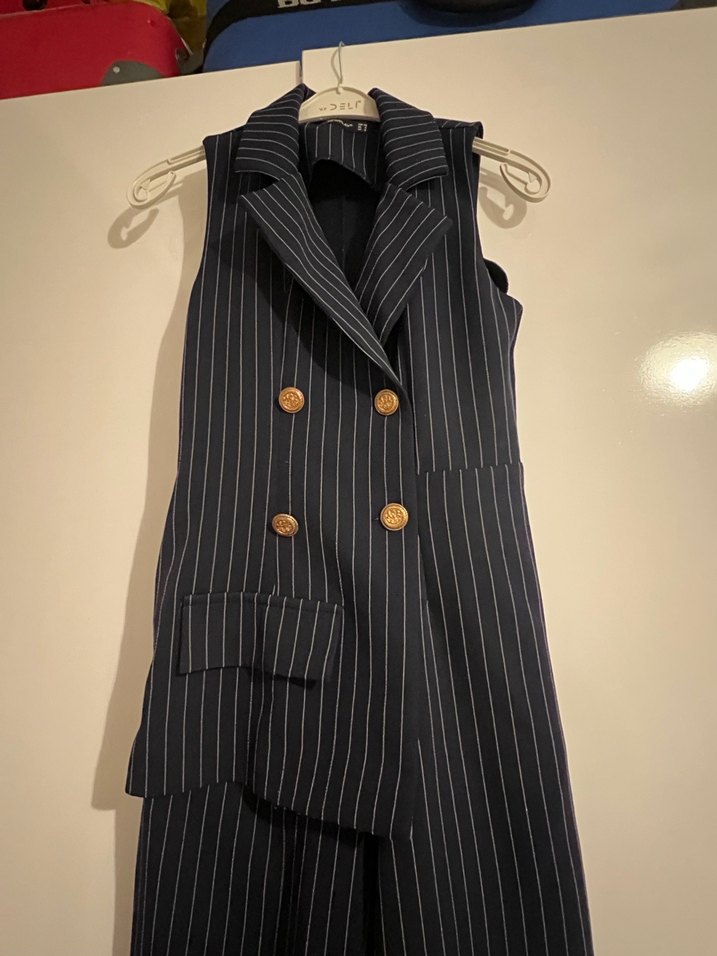 Lacivert Çizgili Uzun Kadın Tulum - Görsel 3