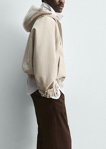 Kapüşonlu Bej Keten Ceket - Görsel 5