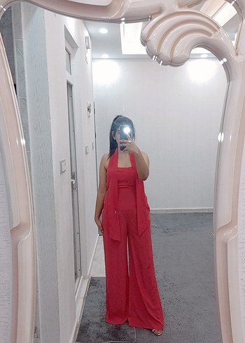 Diğer Kırmızı Şeffaf Halter Yaka Kadın Tulum