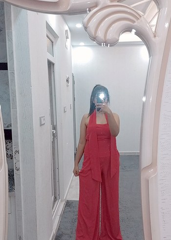 Kırmızı Şeffaf Halter Yaka Kadın Tulum