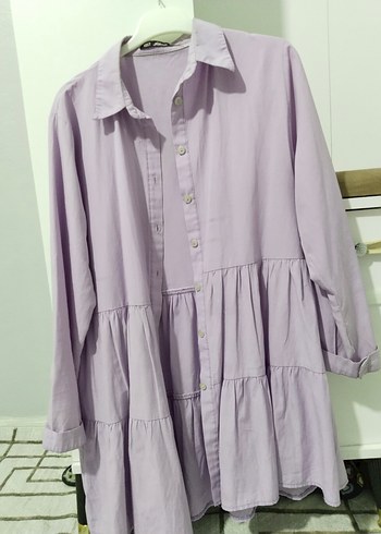 Uzun Kollu Mor Kadın Keten Gömlek - Görsel 2