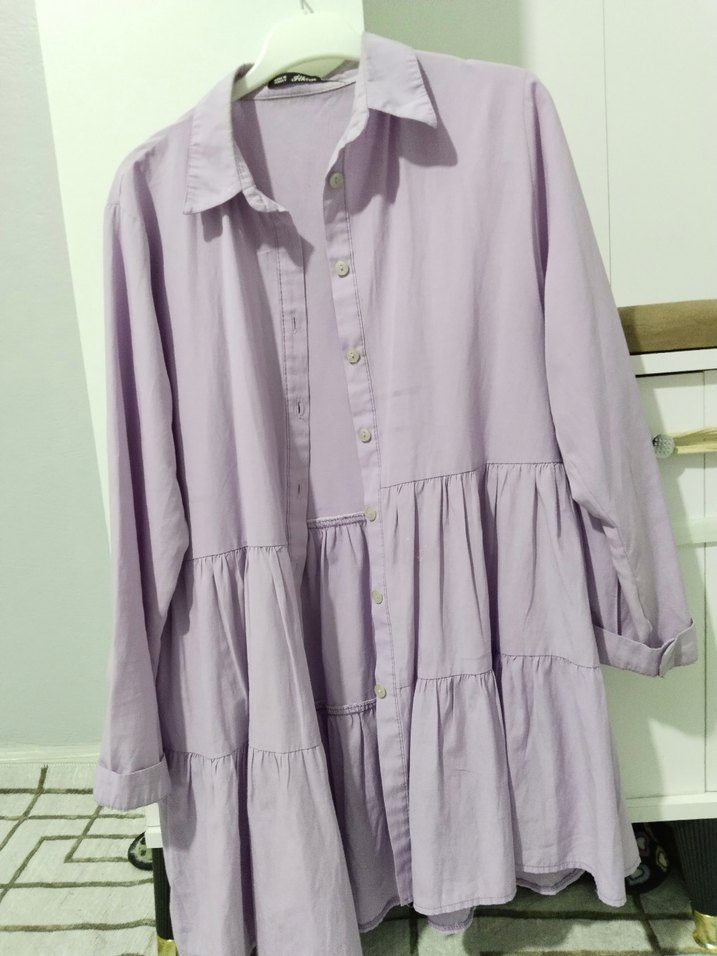 Uzun Kollu Mor Kadın Keten Gömlek - Görsel 2