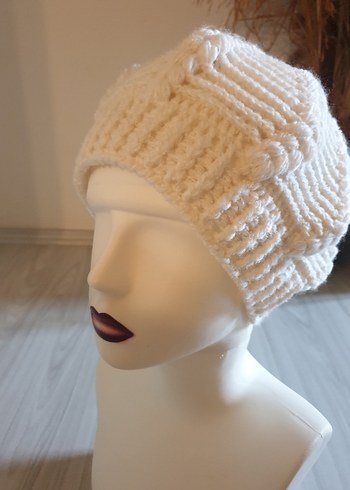 Beyaz Örgü Bohem Bere - Görsel 7