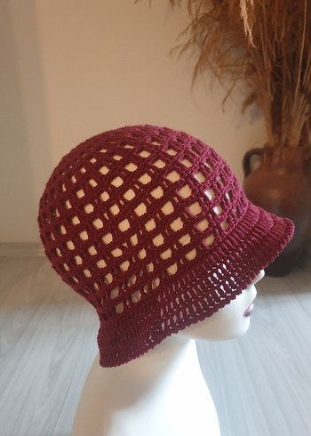 Bordo Örgü Bohem Kadın Şapka - Görsel 2