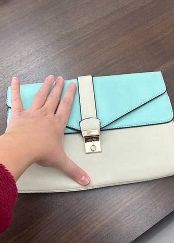 Turkuaz Bej Deri Tokalı Kadın Clutch çanta - Görsel 4