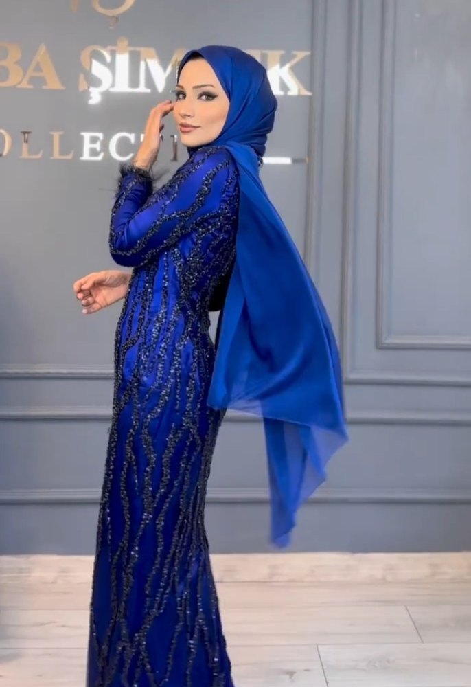 Mavi Drapeli Uzun Abiye Elbise - Görsel 2