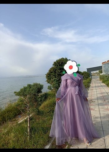 Mor Uzun Drapeli V Yaka Kadın Elbise - Görsel 4