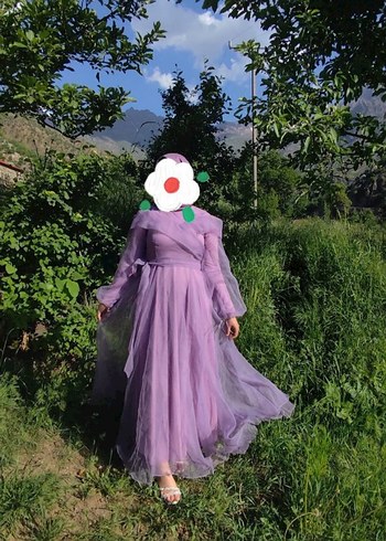 Mor Uzun Drapeli V Yaka Kadın Elbise - Görsel 2