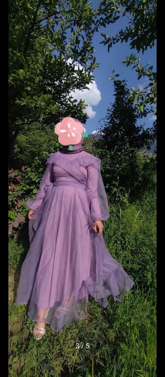 Mor Uzun Drapeli V Yaka Kadın Elbise - Görsel 3