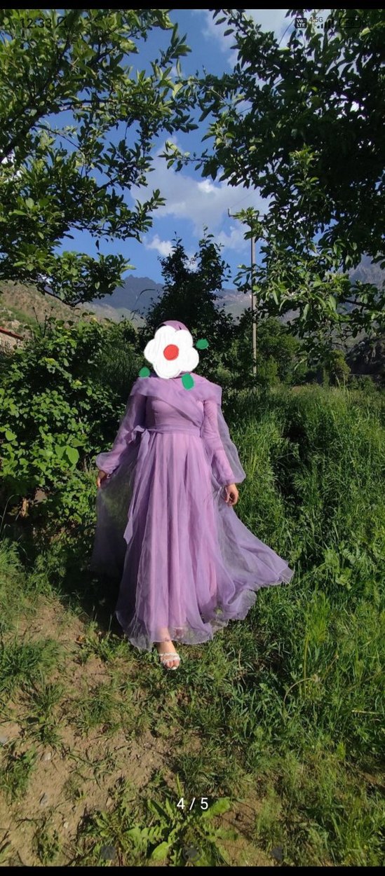 Mor Uzun Drapeli V Yaka Kadın Elbise - Görsel 2