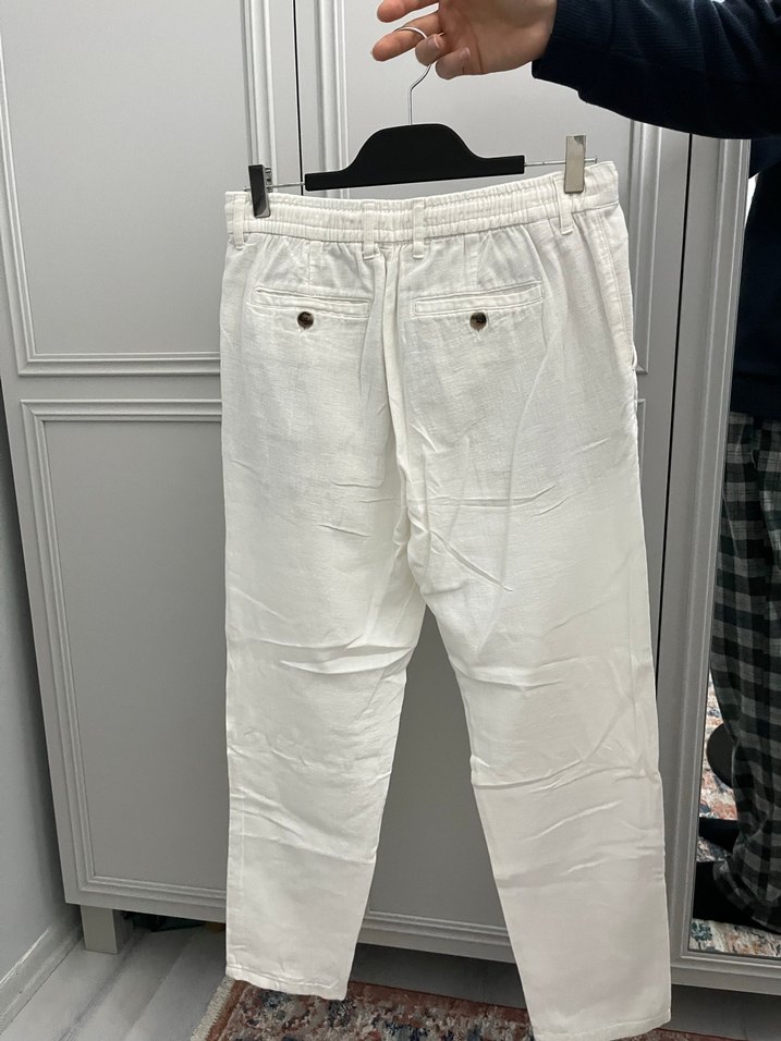 Erkek 
Beyaz Keten Düğmeli Salaş Pantolon - Görsel 5