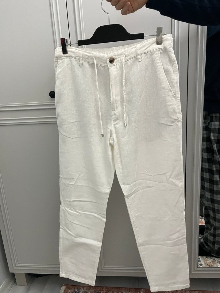 Erkek 
Beyaz Keten Düğmeli Salaş Pantolon - Görsel 4