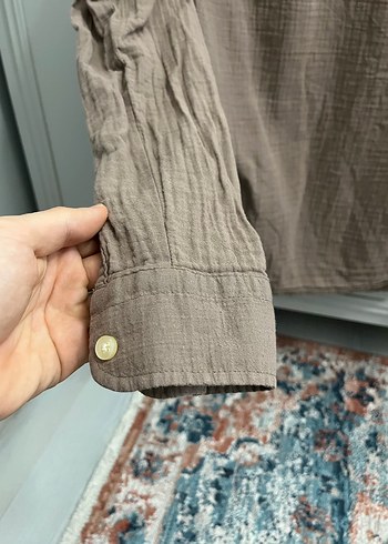 Bej Keten Düğmeli Uzun Kollu Kadın Gömlek - Görsel 4