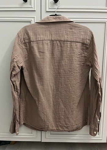 Bej Keten Düğmeli Uzun Kollu Kadın Gömlek - Görsel 2