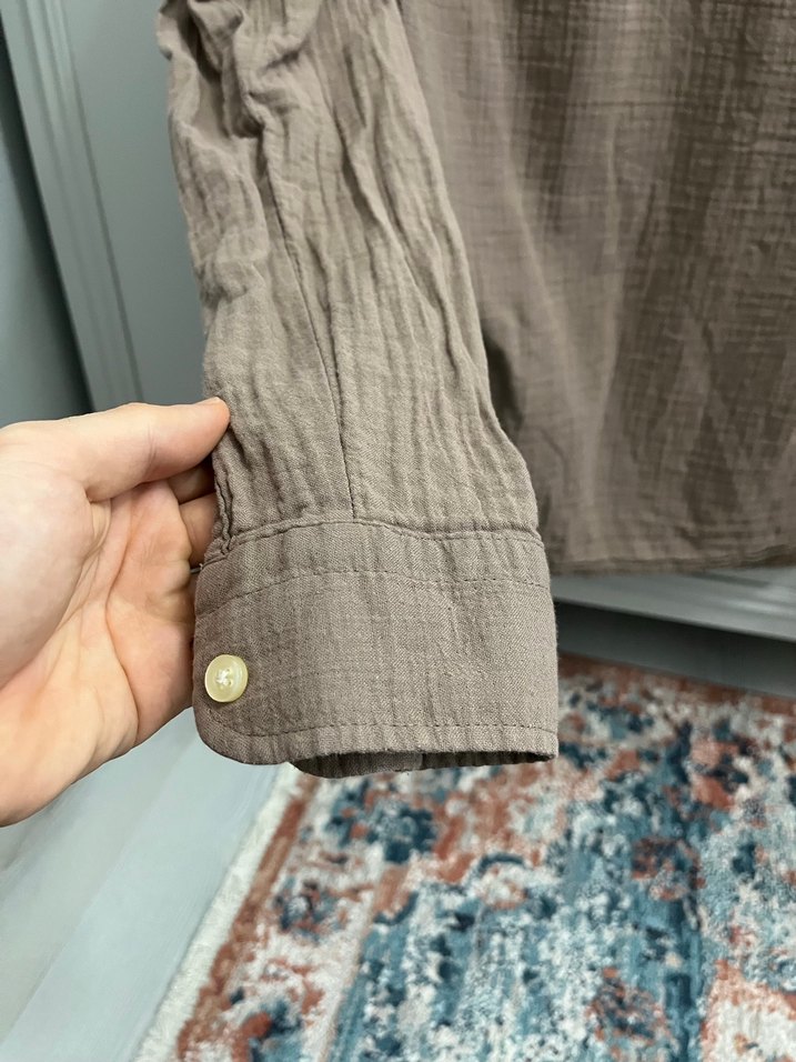 Bej Keten Düğmeli Uzun Kollu Kadın Gömlek - Görsel 4