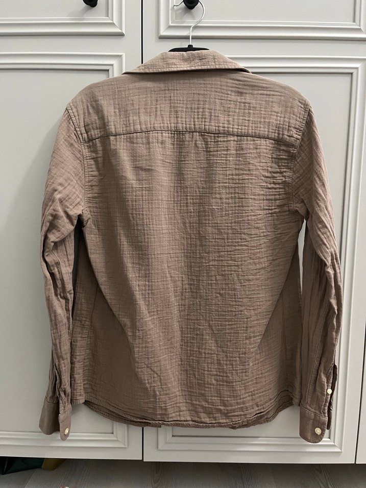 Bej Keten Düğmeli Uzun Kollu Kadın Gömlek - Görsel 2