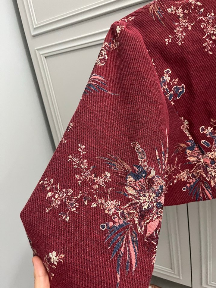 Bordo Çiçek Desenli Uzun Kollu Bolero - Görsel 5