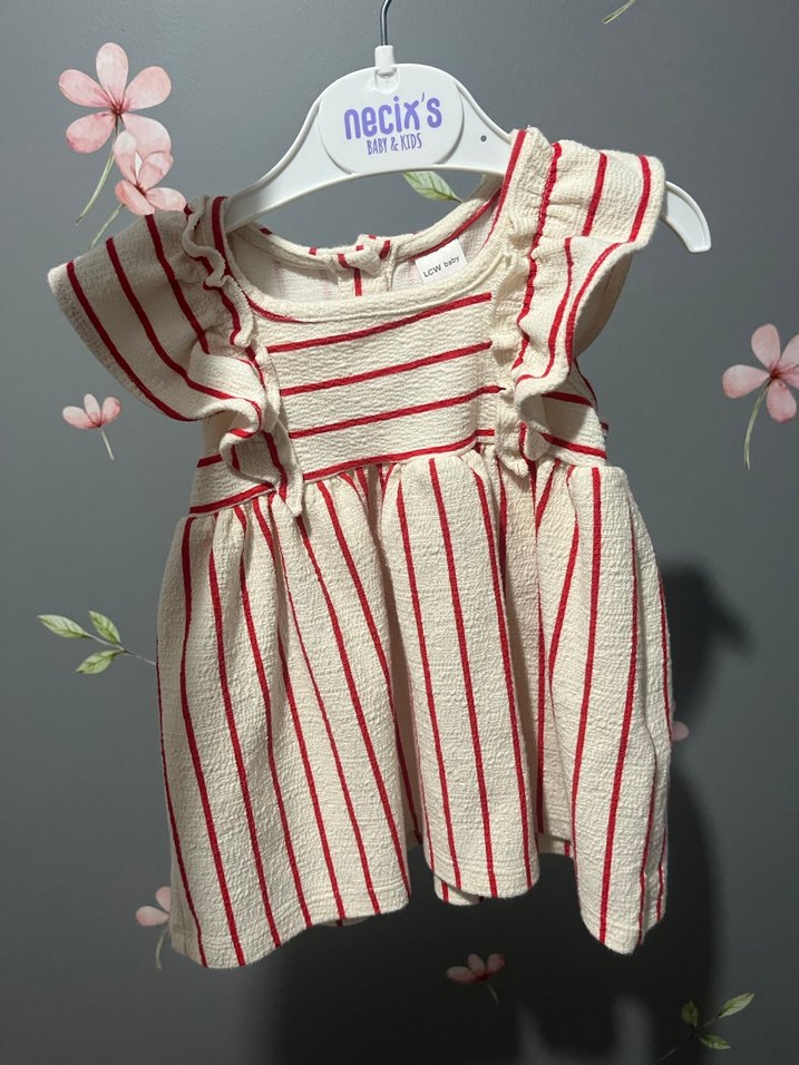Kırmızı Çizgili Kız Çocuk Elbise - Görsel 3