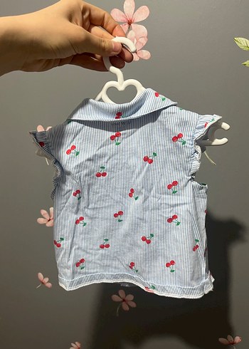 Kız Çocuk Mavi Kiraz Desenli Kısa Kollu Gömlek - Görsel 3