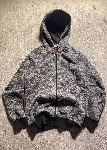 Gri Kapüşonlu Yılan Desenli Fermuarlı Sweatshirt