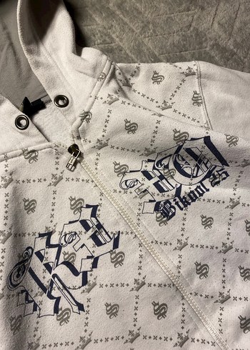 xs Beden Nakışlı Beyaz Kapüşonlu Fermuarlı Sweatshirt