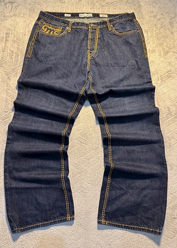 Erkek Lacivert Desenli Bol Kesim Kot Pantolon - Görsel 3