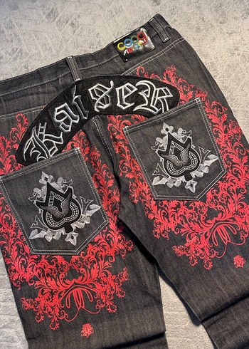 Kemerli Kırmızı Desenli Kot Pantolon - Görsel 2