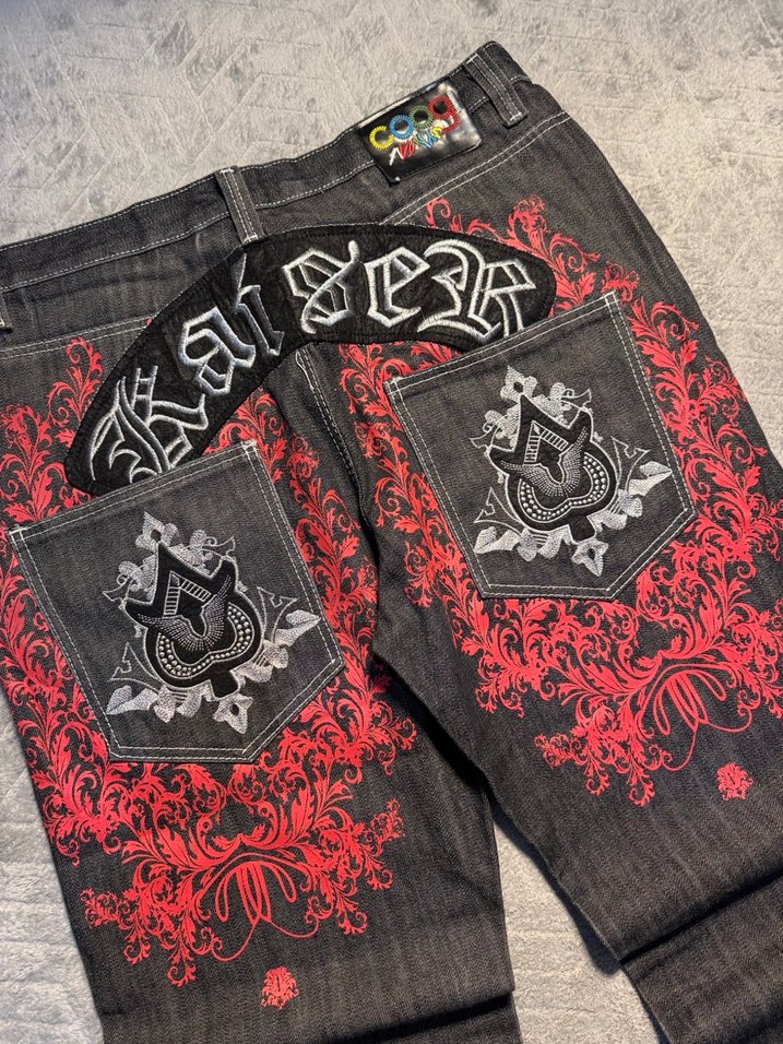 Kemerli Kırmızı Desenli Kot Pantolon - Görsel 2