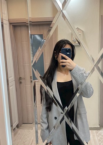 Paulmark Çizgili Gri Kadın Blazer Ceket