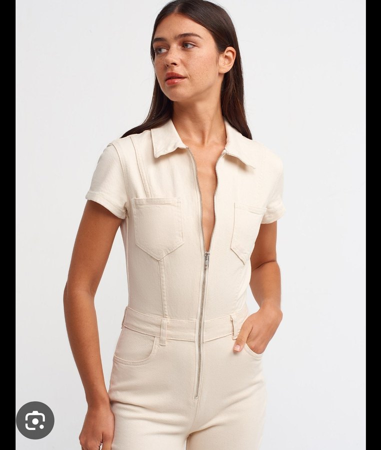 Kısa Kollu Ekru Denim Tulum - Görsel 2