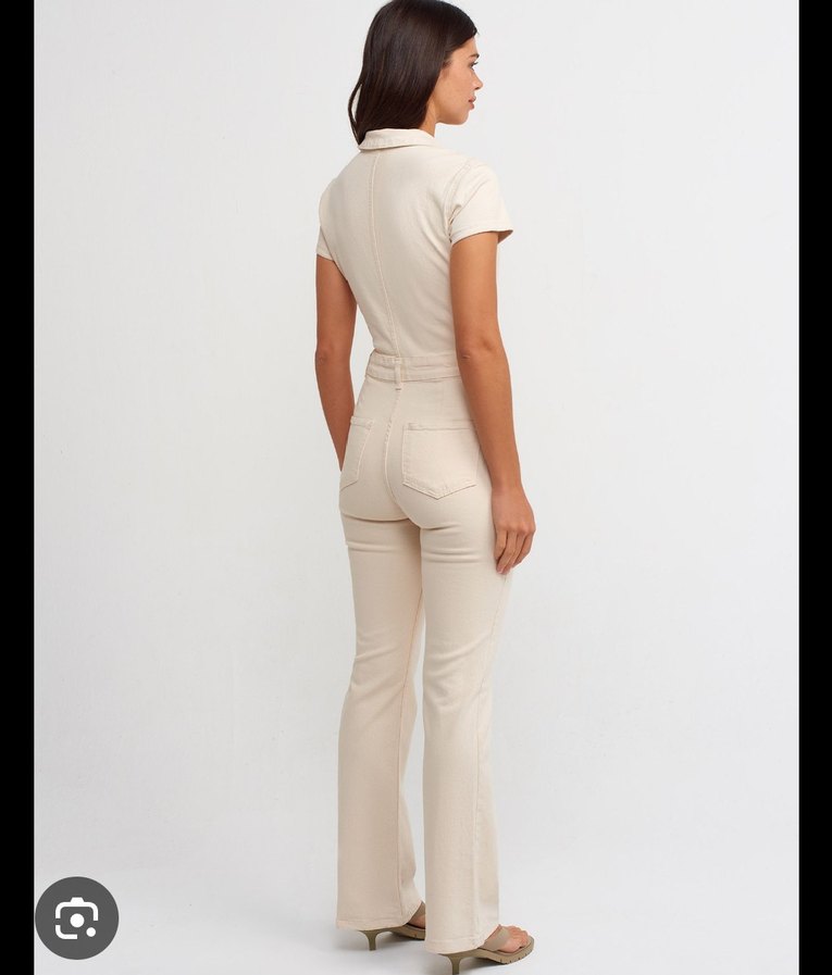 Kısa Kollu Ekru Denim Tulum - Görsel 4