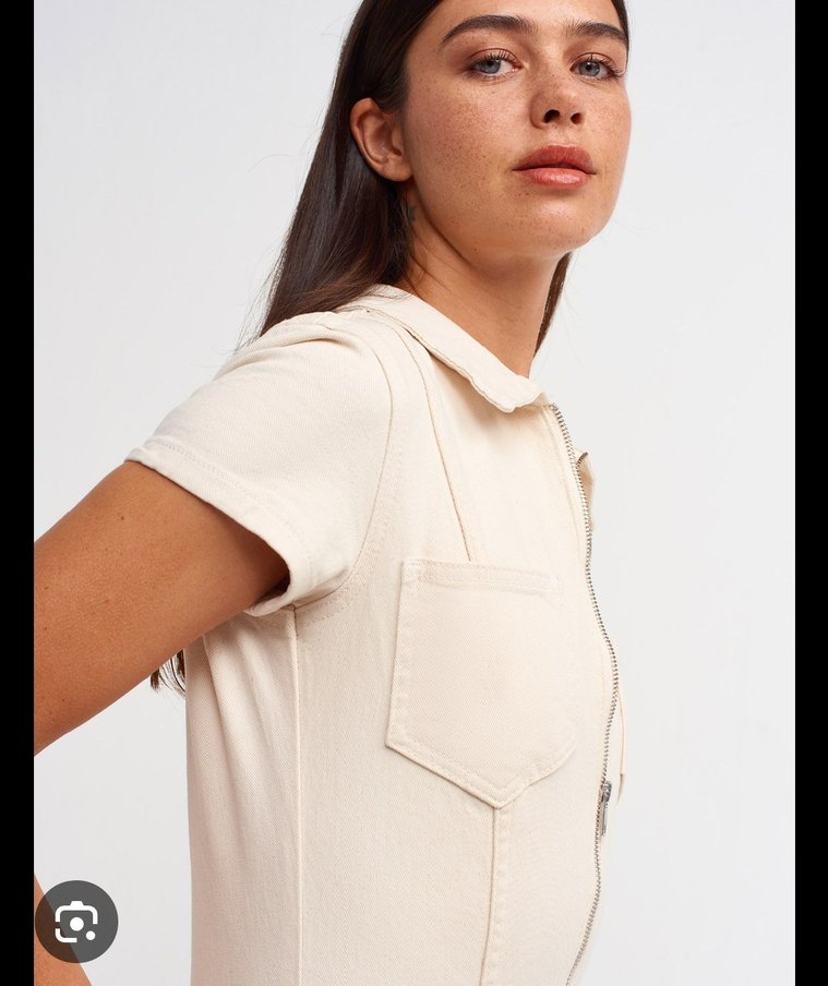 Kısa Kollu Ekru Denim Tulum - Görsel 3