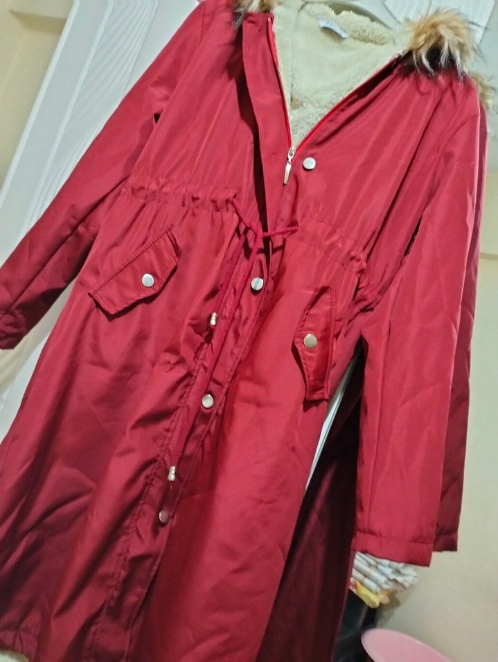 Bordo Uzun Düğmeli Kadın mont - Görsel 5