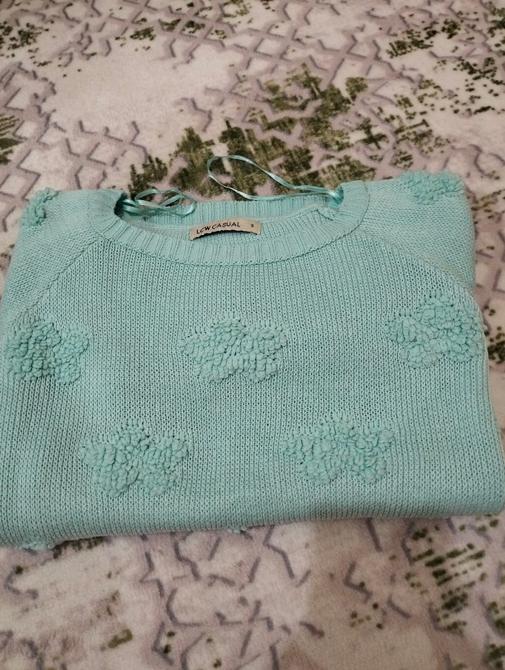 Turkuaz Bohem Örgü Kadın Kazak - Görsel 2