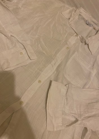 Düğmeli Beyaz Keten Kadın Gömlek - Görsel 3