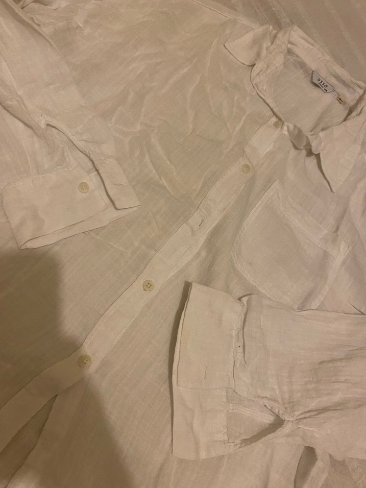 Düğmeli Beyaz Keten Kadın Gömlek - Görsel 3