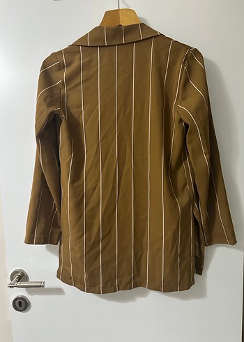 Bej Çizgili Kadın Midi Ceket - Görsel 2