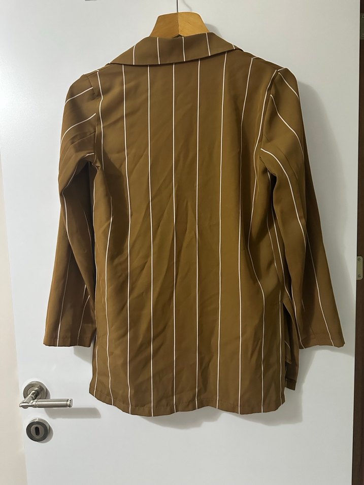 Bej Çizgili Kadın Midi Ceket - Görsel 2