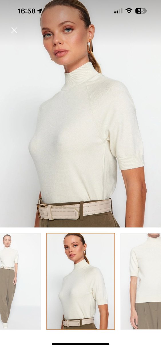 Beyaz Kısa Kollu Yüksek Yaka Kadın Kazak - Görsel 2