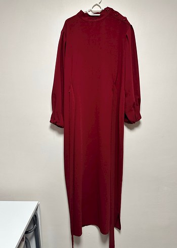 Bordo Uzun Kollu kuşaklı Kadın Elbise - Görsel 4