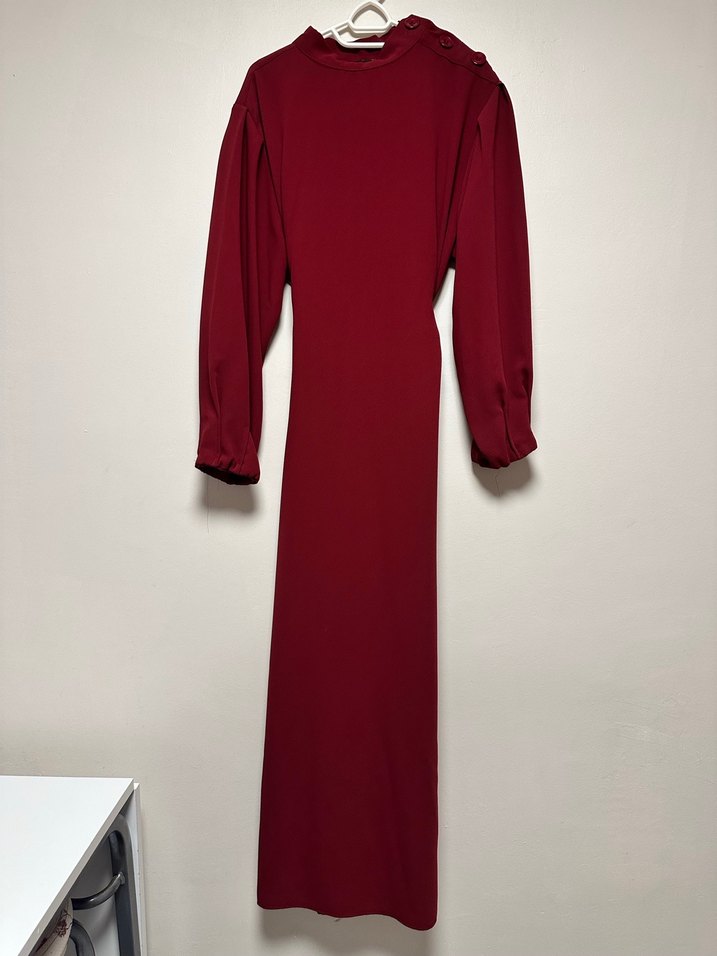 Bordo Uzun Kollu kuşaklı Kadın Elbise - Görsel 2