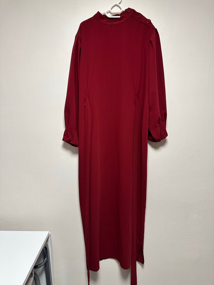 Bordo Uzun Kollu kuşaklı Kadın Elbise - Görsel 4